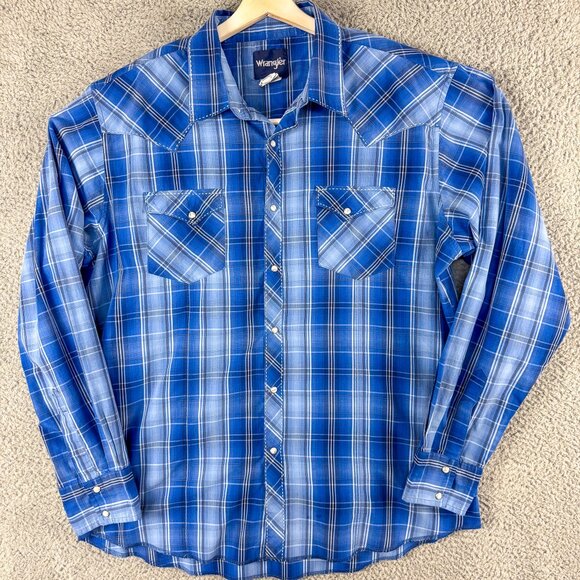 Wrangler Shirt Mens XXL‎ Blue Plaid Outdoor Western Cowboy Workwear Ranch Farm - Picture 1 of 13